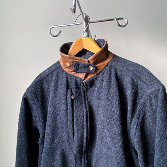 🍂 90s Vintage Dark Blue Wool Zip-Up Bomber Jacket by Woolrich - Picture 3 of 8